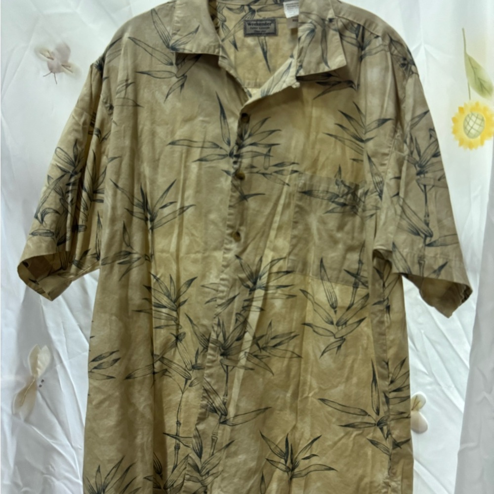 Weekenders Tan & Black Leaf Print Tropical Casual Shirt